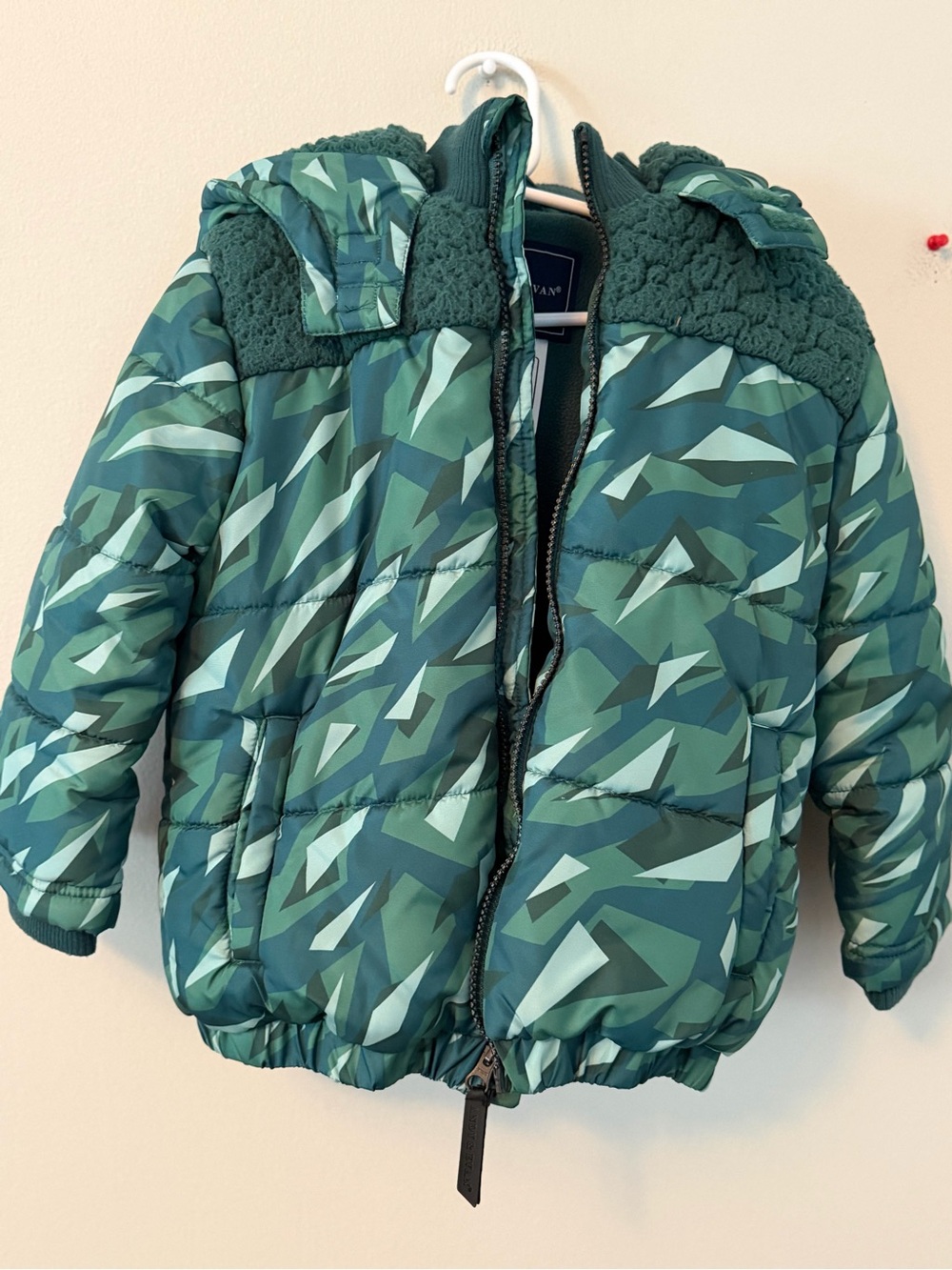 Andy & Evan Green Patterned Puffer Jacket with Sherpa Trim